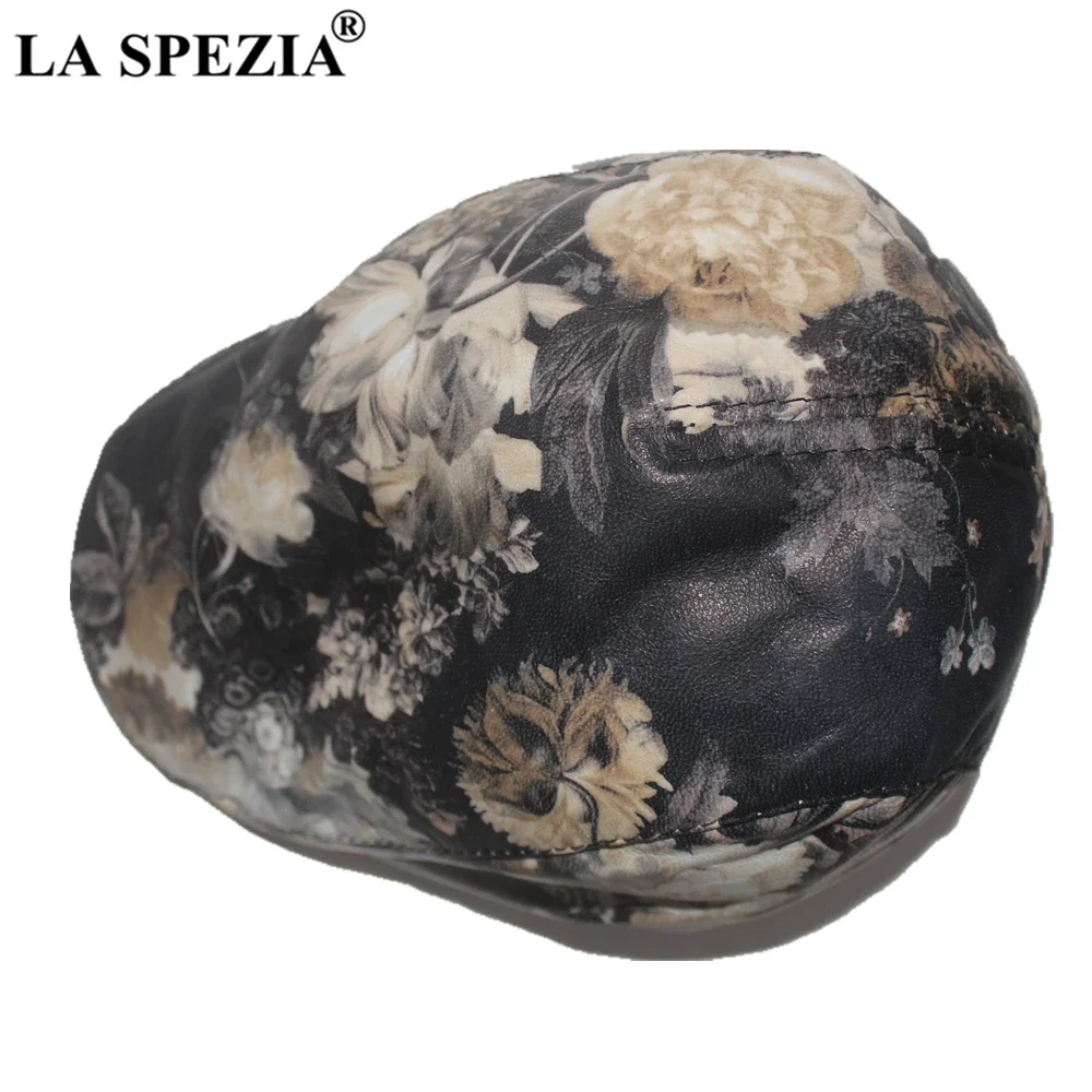 LA SPEZIA ネイビーブルーベレー メンズ レディース レザーハット 本革 フラットキャップ シープスキン 花柄 ヴィンテージ デザイナーハット 秋冬