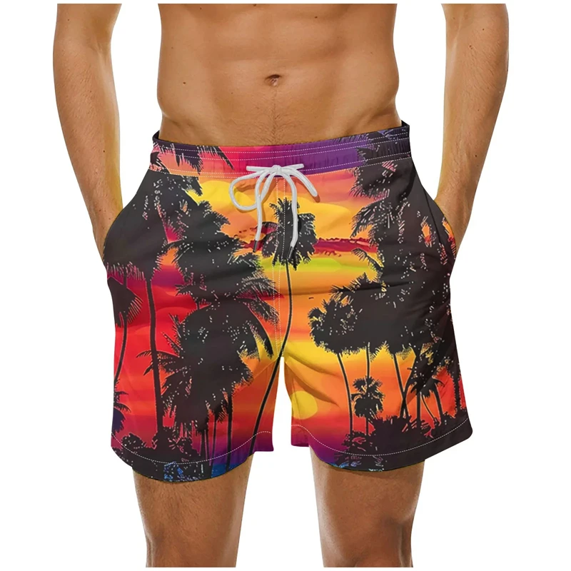

Vibrant Sunset Palm Tree Print Men's Casual Shorts, Thin Breathable Summer Beach Pants, Hawaii Style Lightweight Loungewear