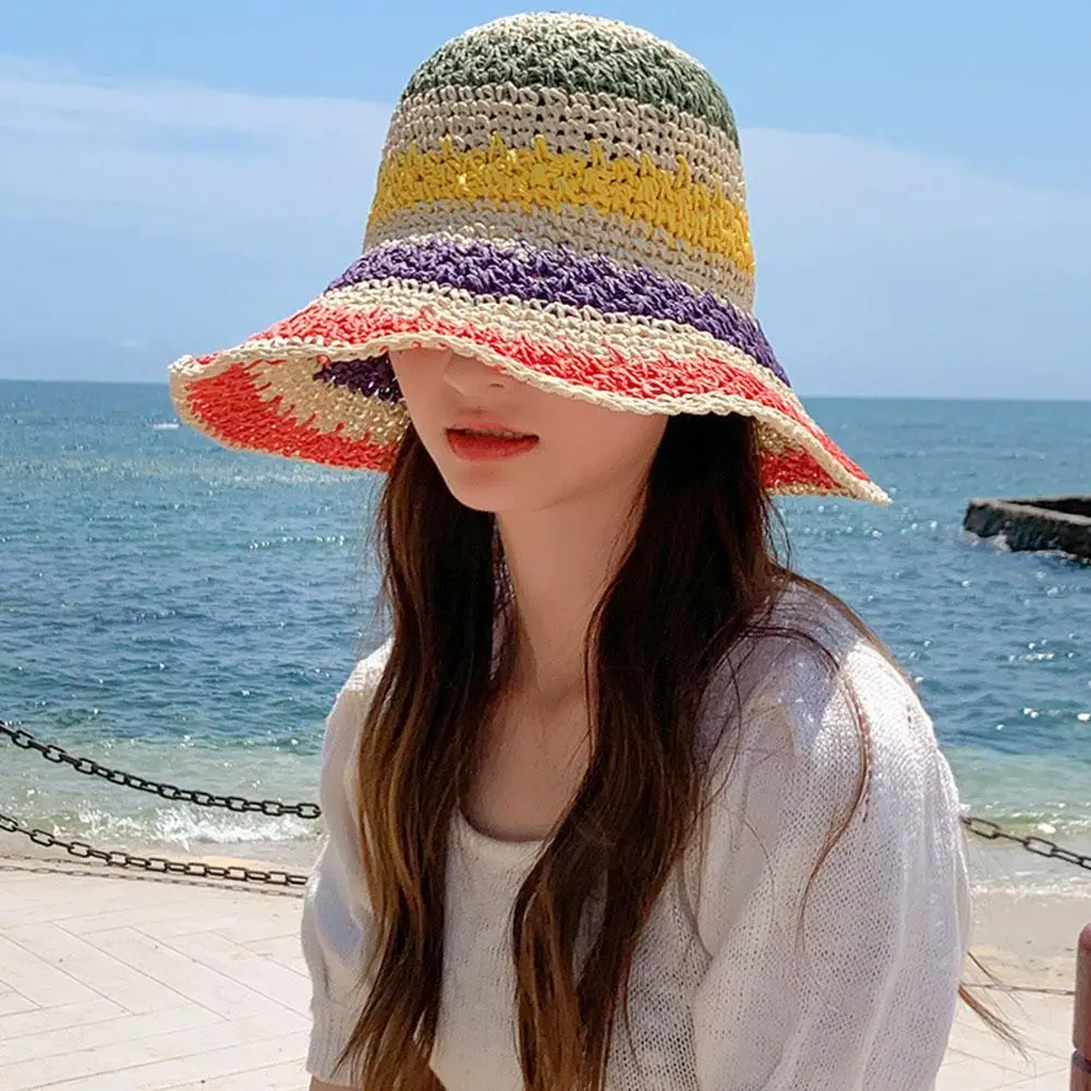 New Popular Summer Beach Bucket Hat Cap For Women Crochet Straw Rainbow Spring Fish Hat Outdoor Female Lady Gift Wholesales