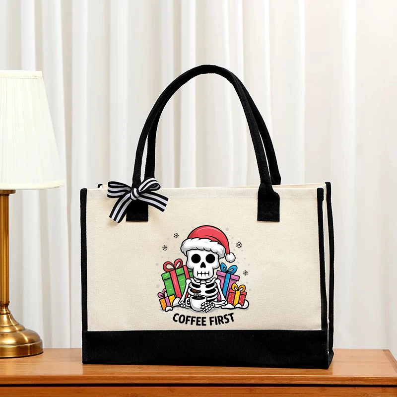 Christmas Skeleton Pattern Cotton Handbag Large Capacity Portable Multifunctional Handbag Gift Bag Shopping Bag