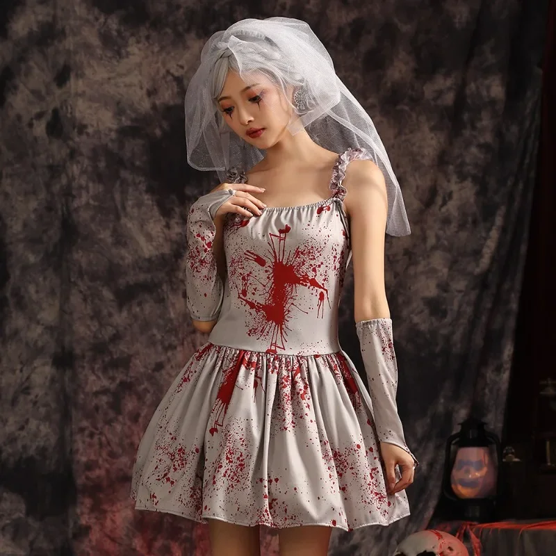 Costume de mariée zombie sanglant effrayant pour enfants, robe de paupières d'Halloween pour adolescents, nouveau style, mascotte Tim ade, horreur, enfants, filles