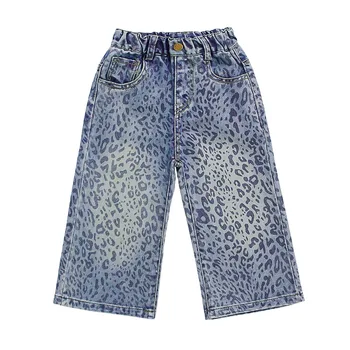 Girls' Leopard Print Jeans 2025 Autumn Spring Little Girl Loose Straight Trousers Children Elastic Waist Casual Denim Pants 6