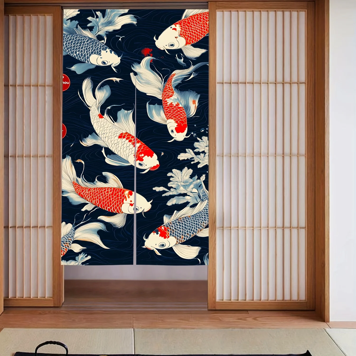 Japanese Ukiyo-e Koi Fish Door Curtain Dark Water Ripple Design with Vibrant Red & White Koi Swimming Through Waves