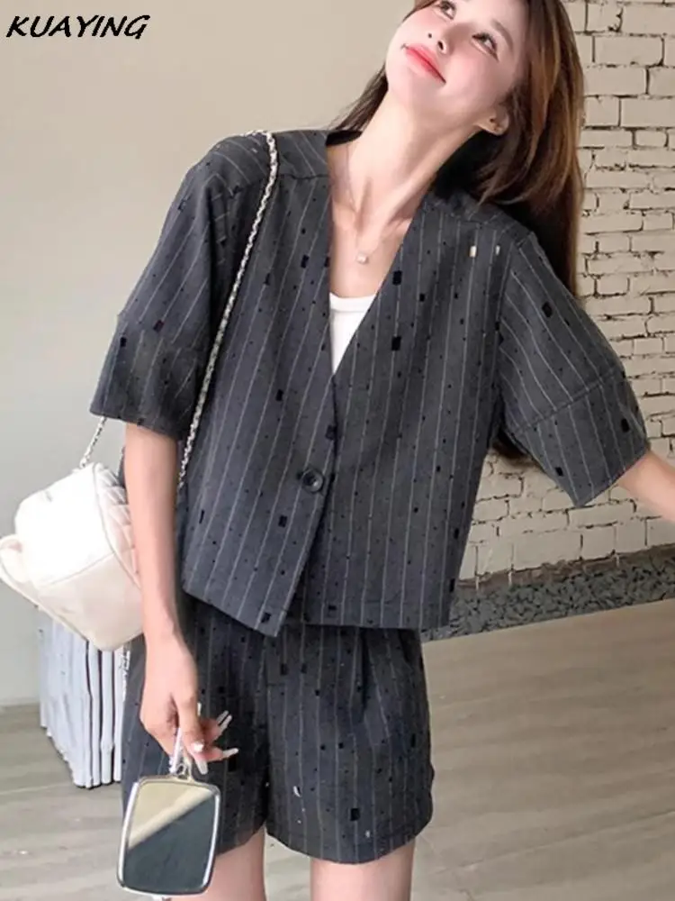 Women Striped Wide Leg Pants Two Piece Set Summer Fashion Female Street Style Short Sleeved  Shorts Suits Female Casual Outfits