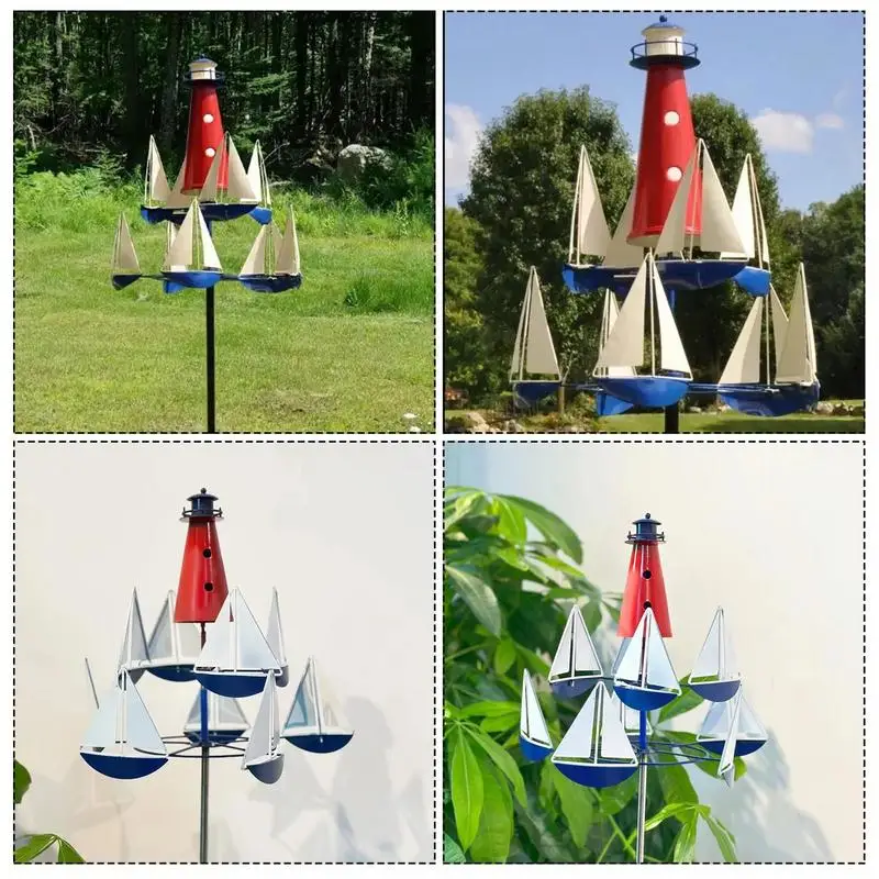 Outdoor Lighthouse Sail Boat Windmills Nautical Wind Spinner Kinetic Art Sculpture Metal Decor For Yard Lawn Garden