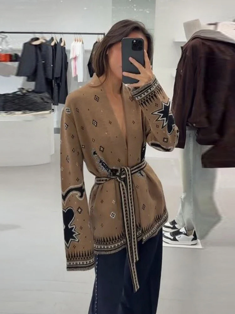 

Printed Knitted Cardigan Women Fashion Lace Up Full Sleeve V-neck Loose Cardigans 2026 New Lady Spring Autumn Daily Knitwear