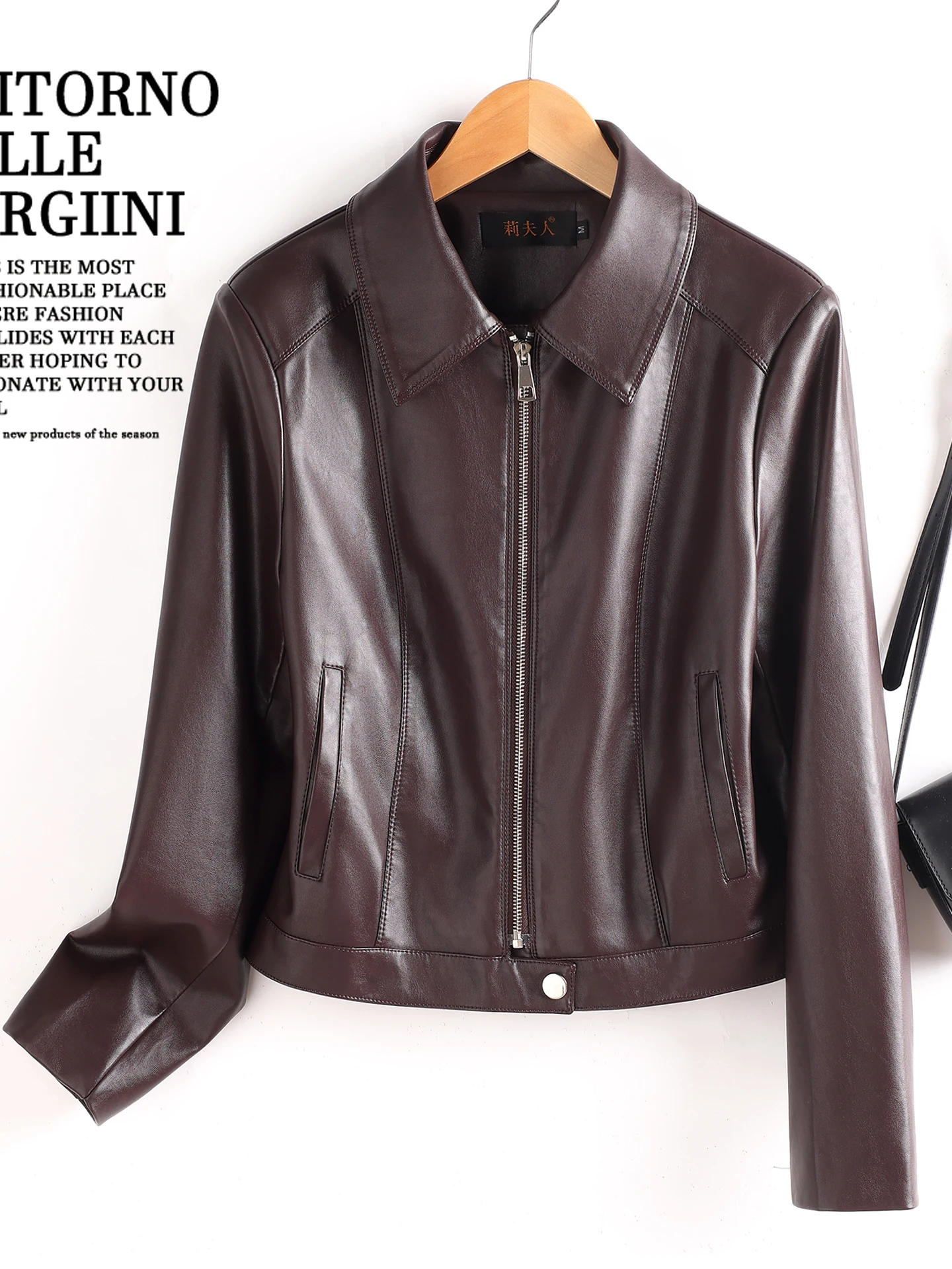 

Ning Genuine Leather Jaet Women's ort Sle Spring Faion High-End Feeling Loose eepskin Coat Long Sve Zipper