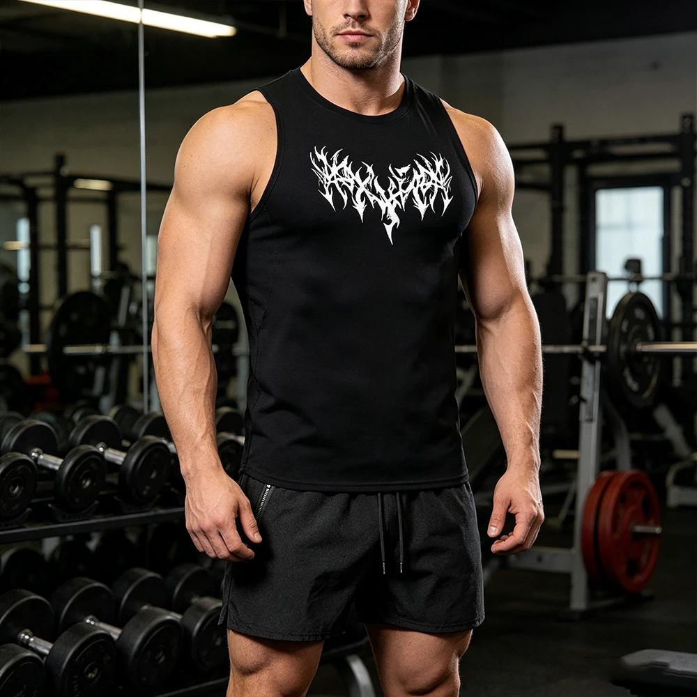 Men 2 Piece Dark Thorn Font Print Sleeveless Sportswear Set Compression Tank Top + Quick Dry Gym Shorts Fitness Running Workout