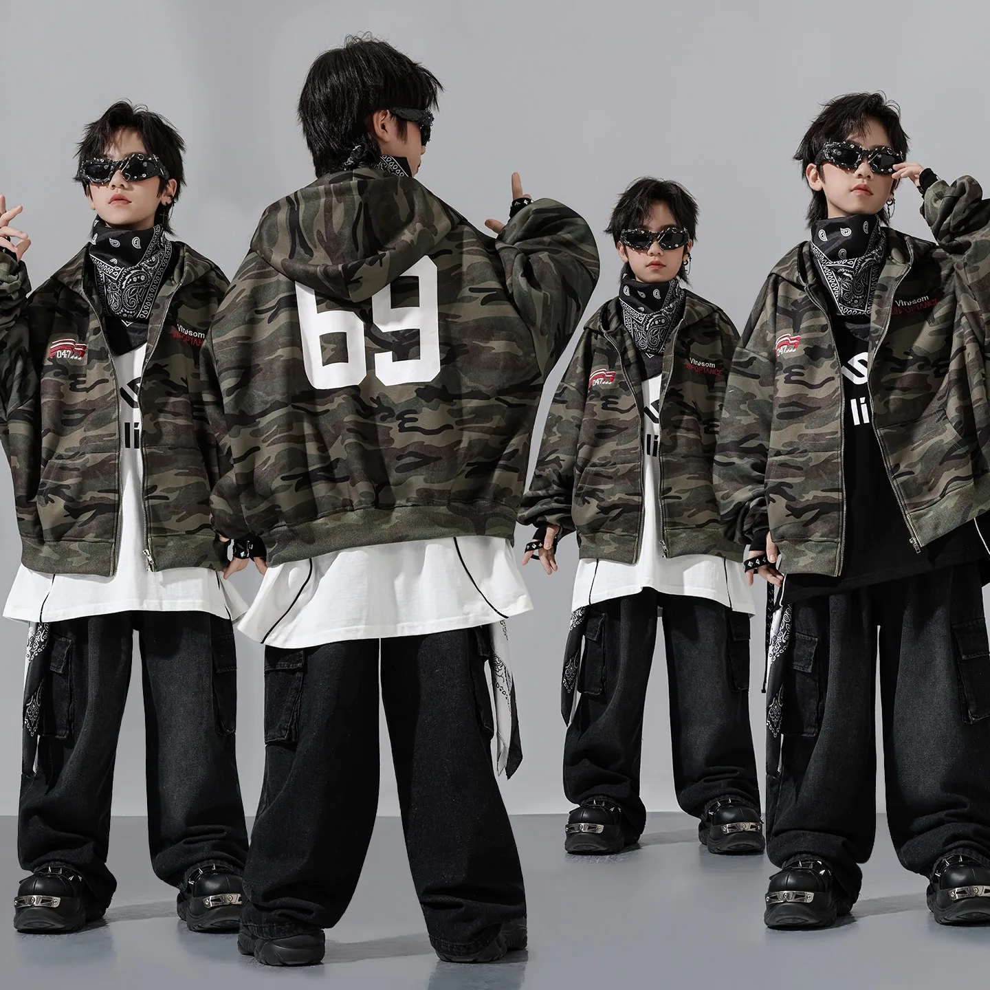 

2025 детские танцевальные костюмы в стиле хип-хоп для мальчиков, камуфляжное пальто, свободные брюки, костюм для девочек, современная одежда для джазовых танцев, сценическая одежда DQS20753
