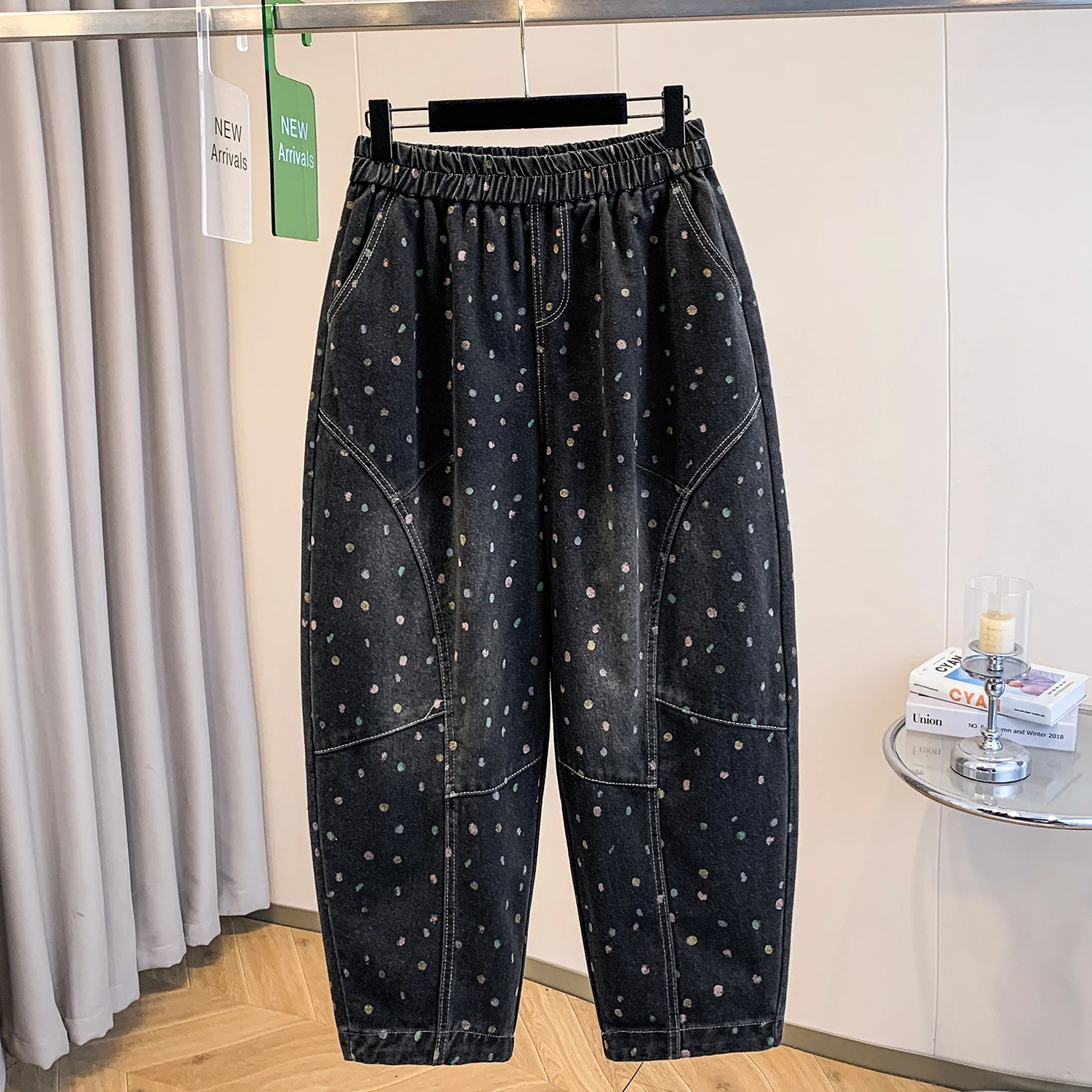 

Большие размеры, осенне-зимние винтажные джинсовые широкие шаровары в горошек, женские модные утягивающие брюки Харлан