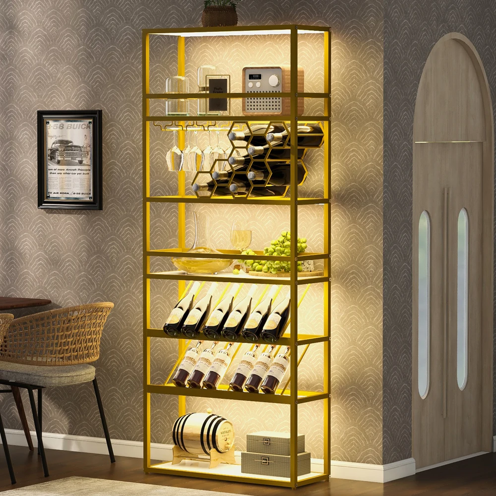 

LED Tall LED Tall Wine Rack Freestanding Floor 7-Tier Wine Baker Rack with Glass Holder Wine Storage Industrial Wine Display