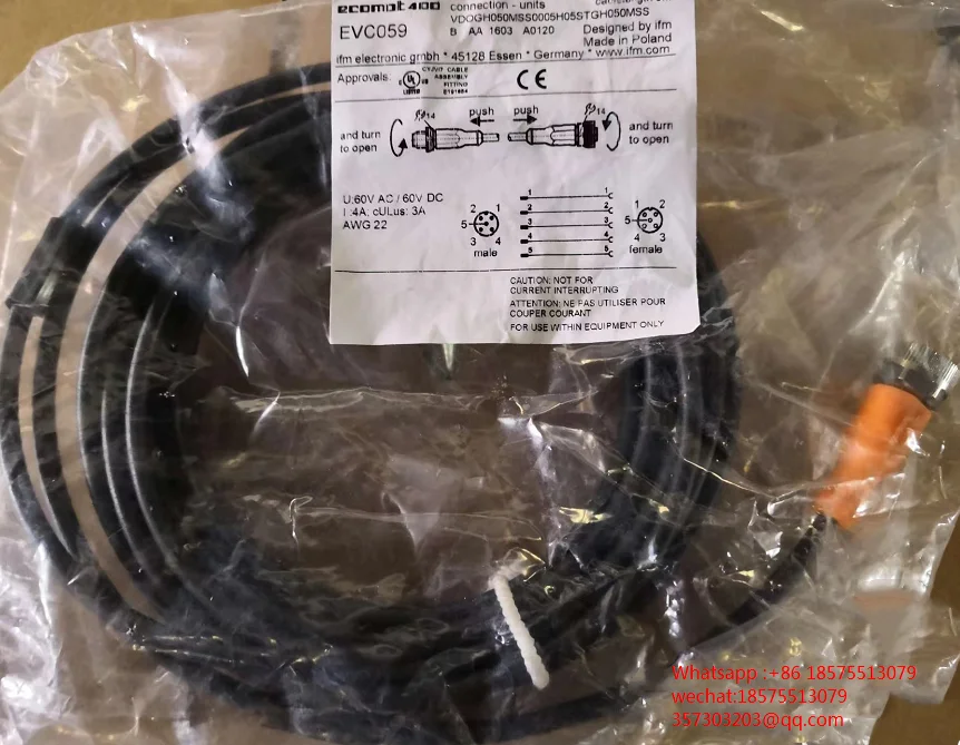 For IFM EVC059 CONNECTING CABLE 5m Length ECOMAT 4100 VDOGH050MSS0005H05STGH050MSS