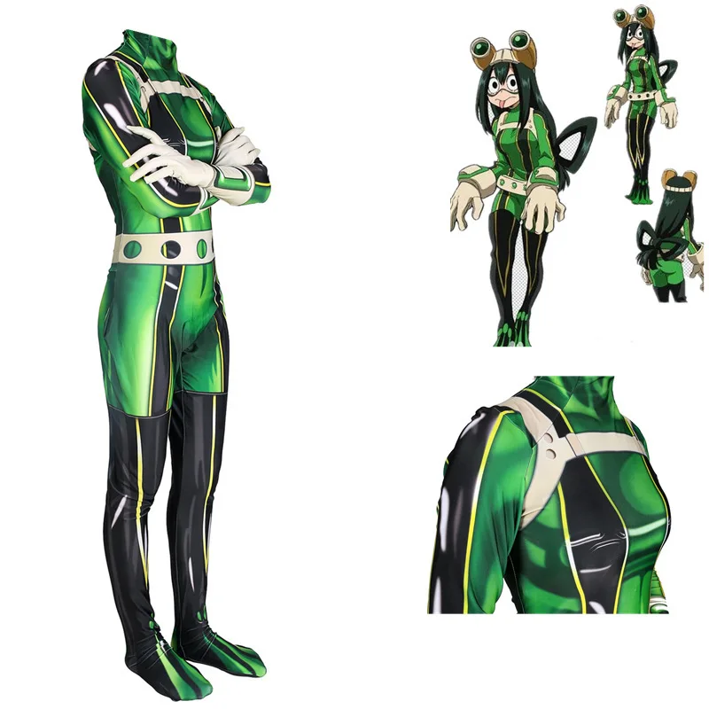 Super-herói Cosplay Bodysuit para mulheres e meninas, Halloween Costume, Boku No, Hero Academia, Asui Tsuyu Suit, adultos e crianças, Zentai