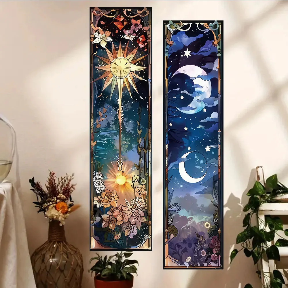 Wandteppich mit Retro-Sonne- und Mondlandschaft, Hippie-Blumenmuster, ästhetischer Wandteppich, Wandbehang, Blumen und Pflanzen, Nachthimmel-Wanddekoration