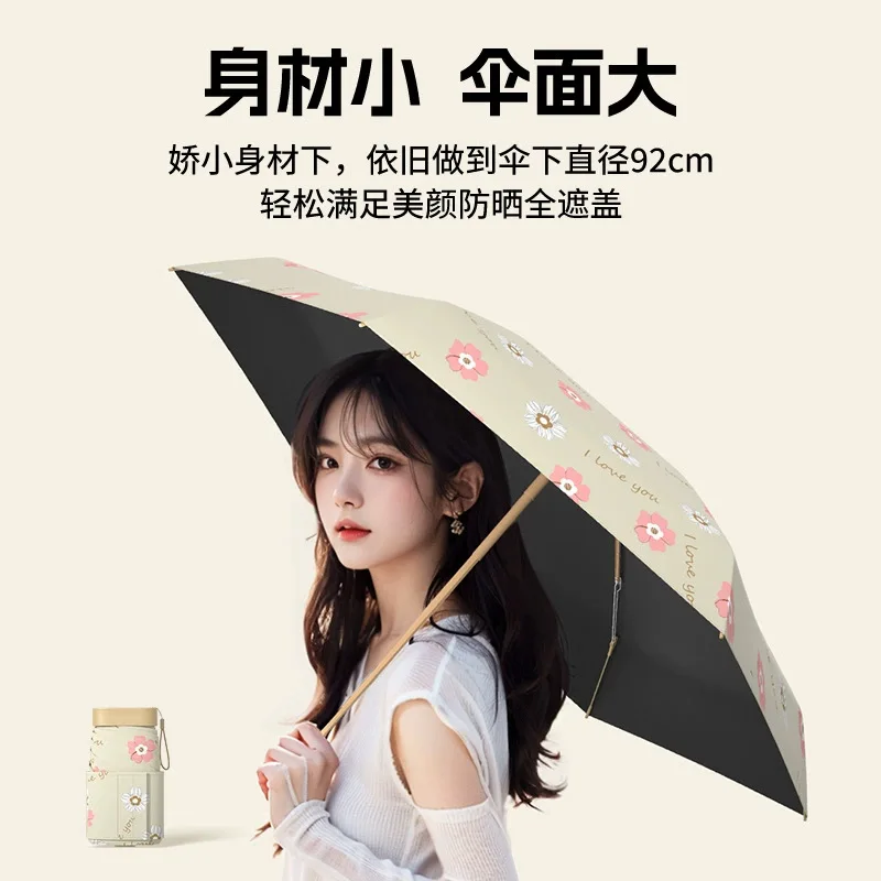 Mini 12CM Card Flat 7 Folding Parasol, Compact & Lightweight, Vinyl Sun UV UPF50+ Protection, Small Pocket Umbrella for Women
