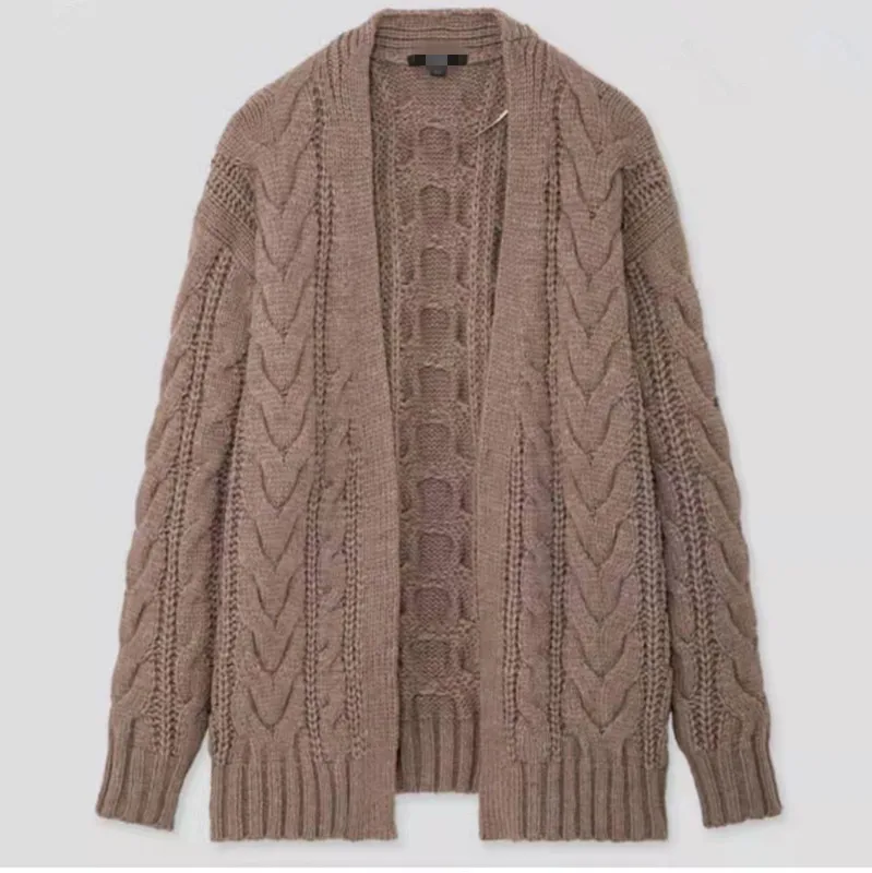 

Street Sle Loose Fit Long Sve Women's Knitted Sweater Coat Medium Length Twist Yarn Twist Pattern Open Cardigan Top