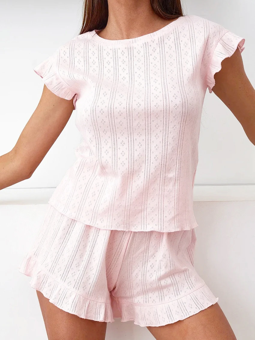 Marthaqiqi Pink Women Pajamas Suit O-Neck Sleepwear Crop Top Nightie Short Sleeve Nightwear Shorts Casual Ladies Nightgowns Sets