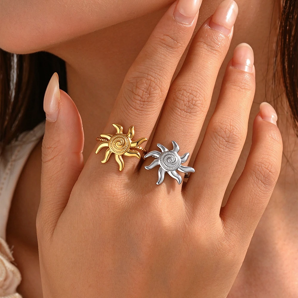 Stainless Steel Sunflower Ring Neutral Spiral Irregular Open Ring Personalized Sweet Cool Street Performance Jewelry Accessories