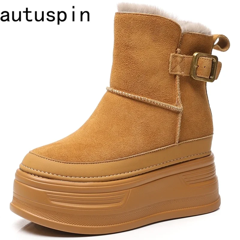 

AUTUSPIN 6cm Flats Platform Women Snow Boots Solid Color Shoes Suede Leather Ankle Boot Female Warm Plush Botas Size 34-39