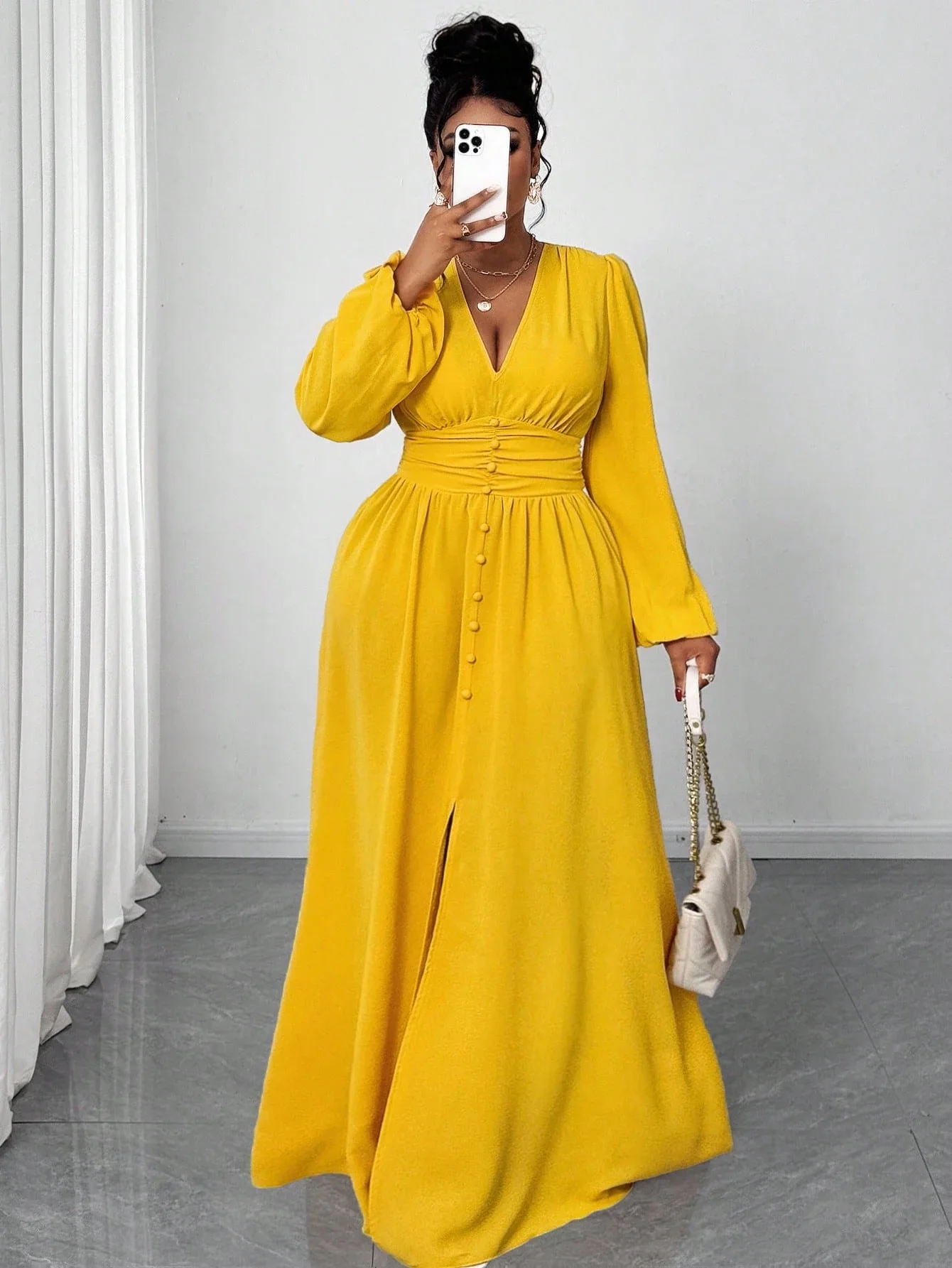 

Elegant Solid Color Puff Sleeve Shirred Wrap Maxi Dress For Party Date Outing
