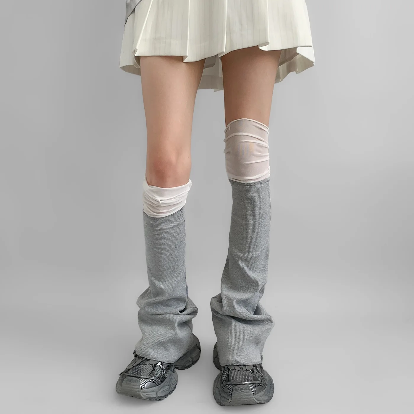 Women's New Japanese Spring And Autumn Mesh Splicing Socks Light Grey Knitted Horn Leg Cover White Long Tube Stacked Calf Socks