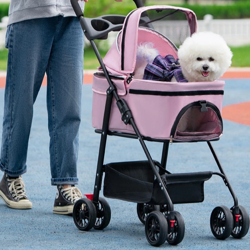 

Pet Stroller with Cup Holder for Small Dogs Cats, Lightweight Foldable Travel Pushchair, 4-Wheel Carrier with Mesh Windows