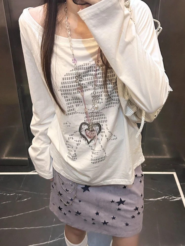 Deeptown Casual Białe Koszulki Graficzne Damskie Harajuku Vintage Koszulka z Długim Rękawem Y2k Gotycka Luźna Koszulka z Nadrukiem Kreskówkowym Streetwear