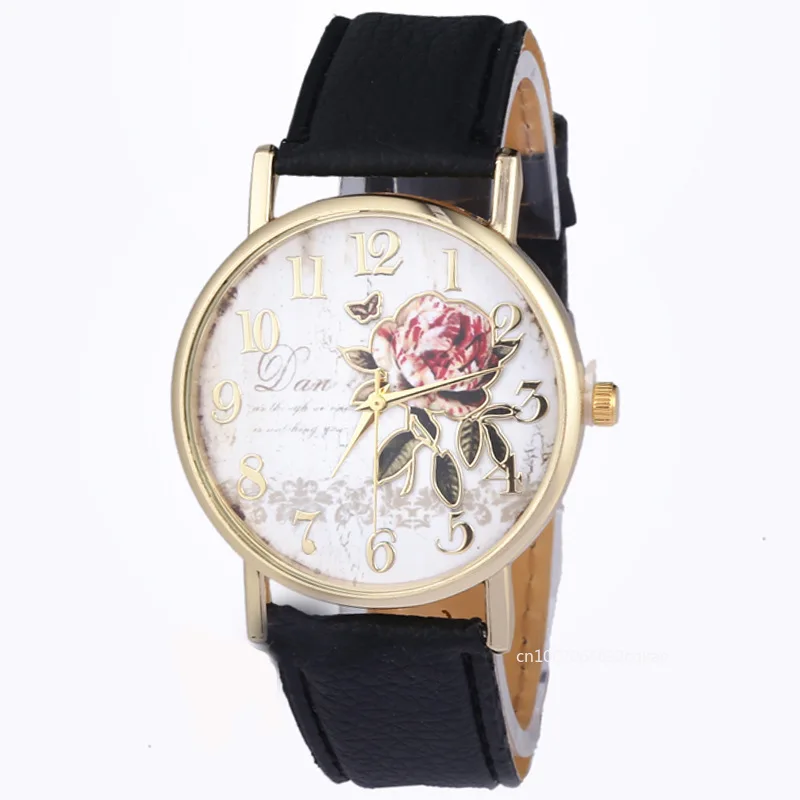 Rose Flower Round Dia Watch Women Elegant Watches Faux Leather Band Arabic Number Quartz Wristwatch Montre Femme Christmas Gift