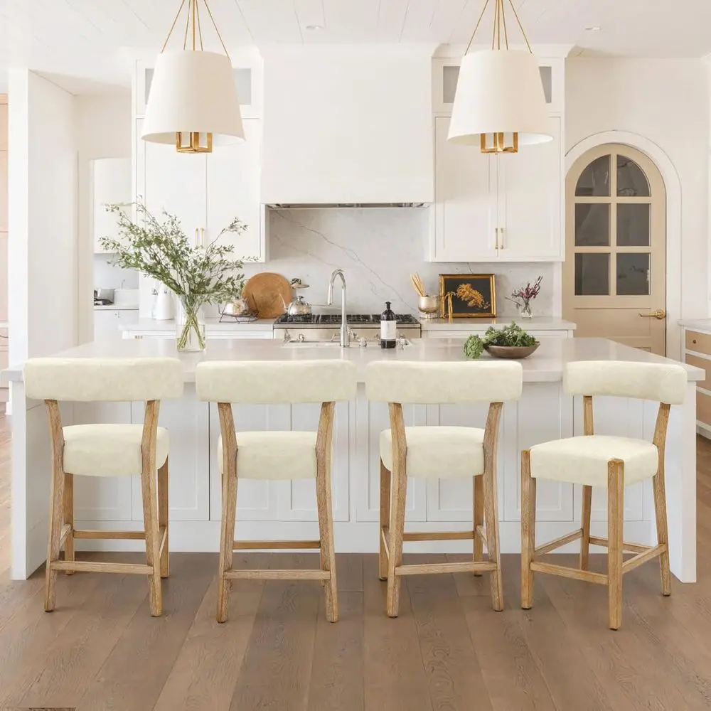 

Набор из 4 барных стульев с обивкой из искусственной кожи, высотой до барной стойки, с спинками, для кухонного острова или столовой, бежевый