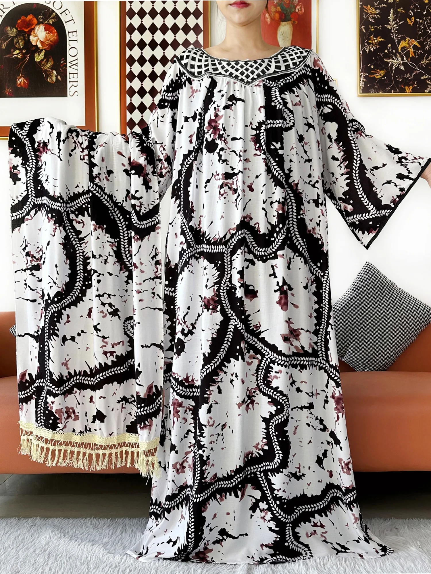 

Модная женская элегантная абайя с вышивкой пайетками, круглым вырезом, из хлопка, свободного кроя, в стиле бохо, макси-платье, повседневное платье, африканское платье (вестидос)