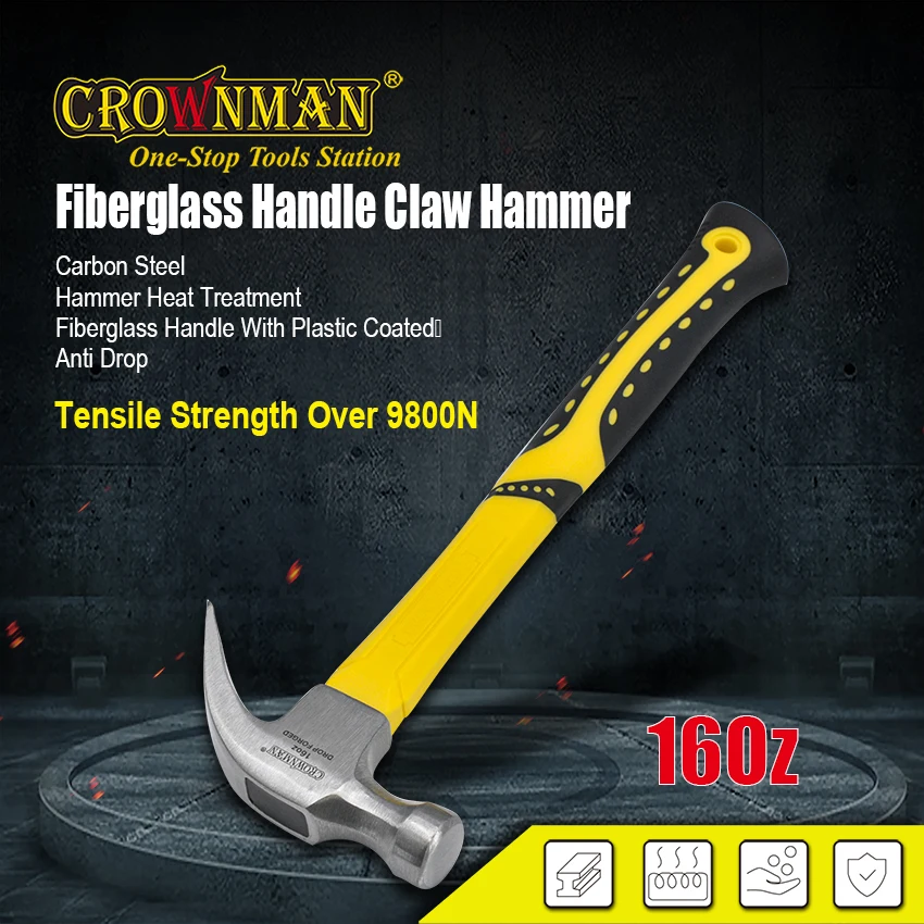 CROWNMAN OEM 8/16oz Heavy Duty Fiberglass Handle Claw Hammer with Non-Slip TPR Grip for Construction & Framing