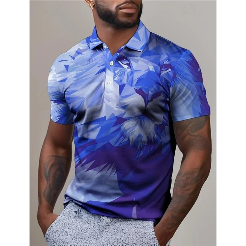 

3D Print Cool Lion Polo Shirt For Men Colorful Geometric Pattern T-Shirt Summer Casual Lapel Tops Loose Short Sleeve Clothes
