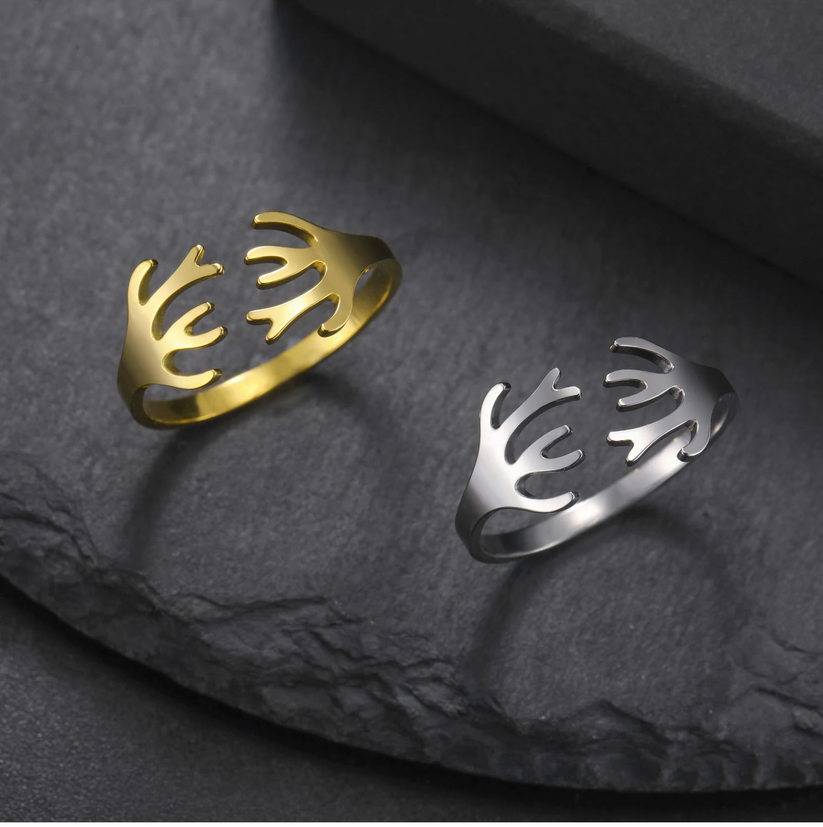CoolTime Hirschgeweih Offener Ring Goldfarben Edelstahl Verstellbarer Ring Tierschmuck Geschenk für Liebhaber Natürliches Alltagsaccessoire – Detail 9