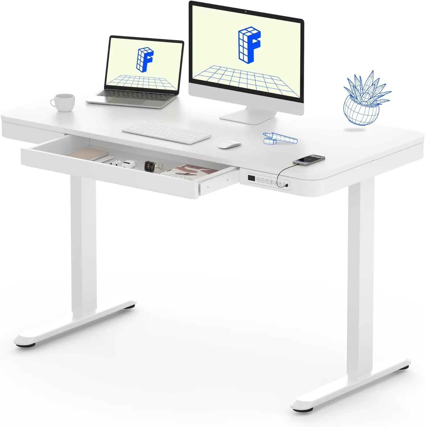 Flexispot Comhar Electric Standing Desk With Drawers Charging Usb A To C Port, Height Adjustable 48