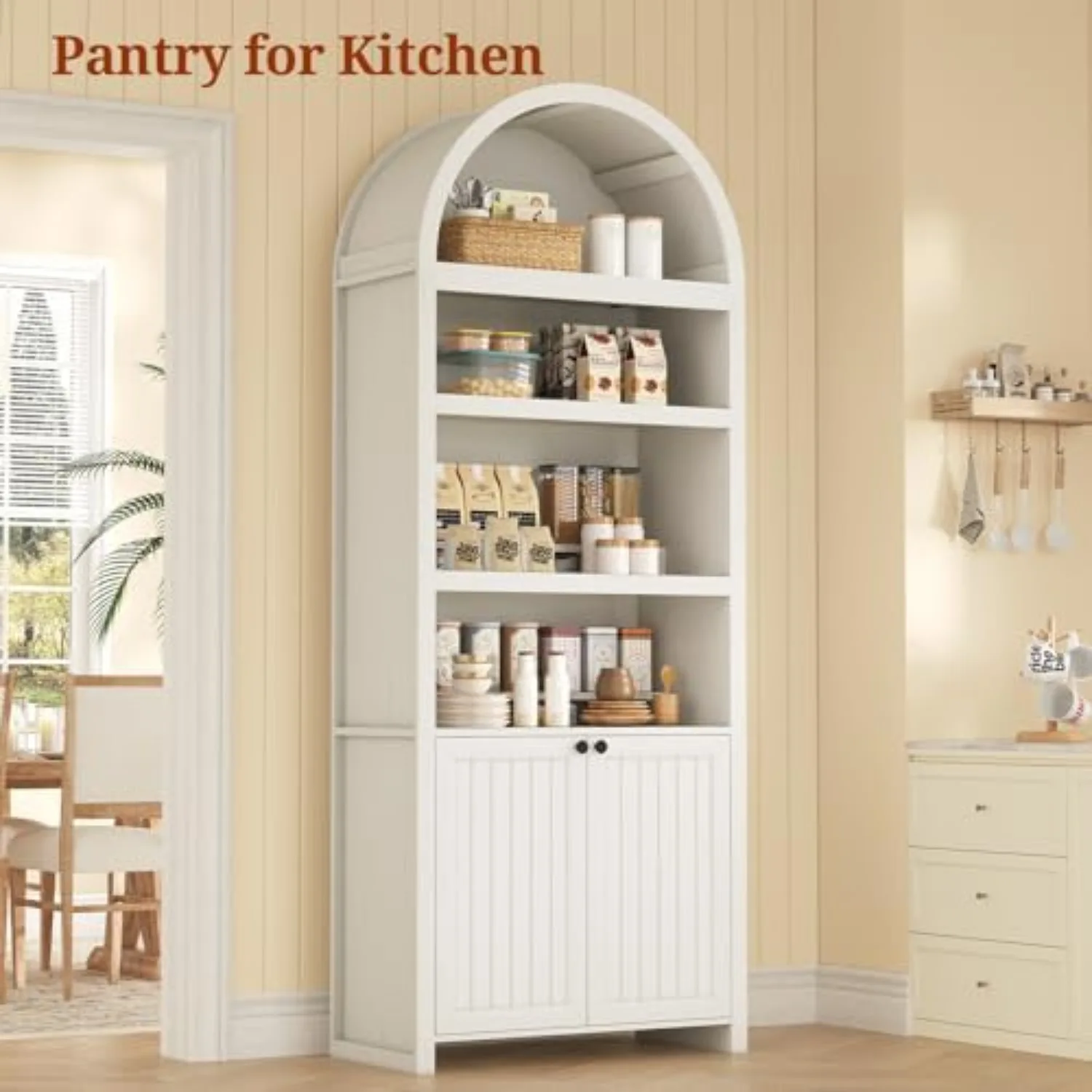 81" Tall Arched Cabinets,Bookcase with storage,Mid-Century Modern 6-Tier Bookshelf with Door,2 Book Risers and view 6