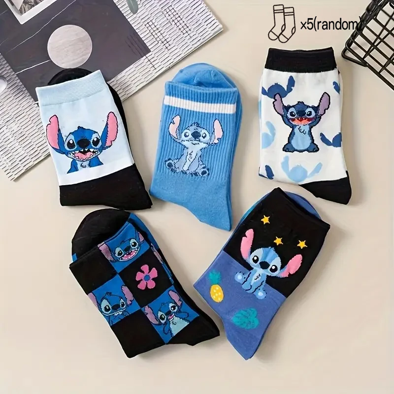 5 Pairs Of Four Season Men's And Women's Color Block Fashion Trend Cool Cartoon Pattern Versatile Casual Sports Long Socks