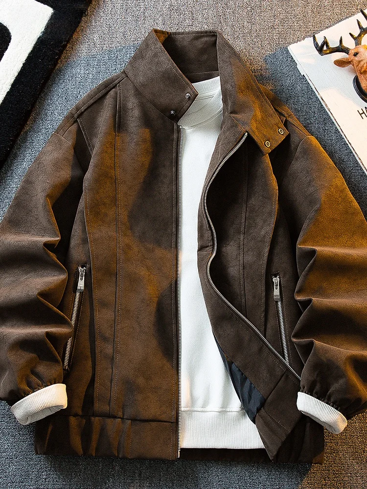 

High-End Brown Leather Jaet Men's Motorcycle Sle Stand Collar Spring Autumn New Trend Vintage Brand Loose Fit Long Sve