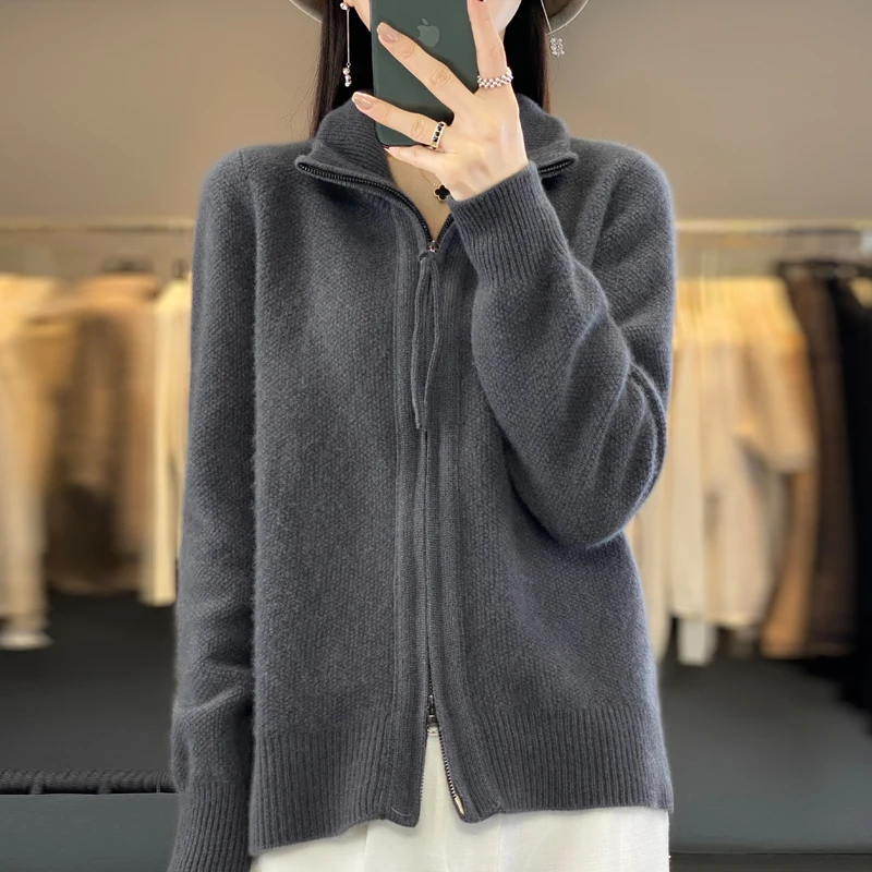 100% Wool Zippered Cardigan Women\'s Clothing Standing Collar Knitted Sweater Autumn/ Winter Slim Fitting Fashion Top Korean