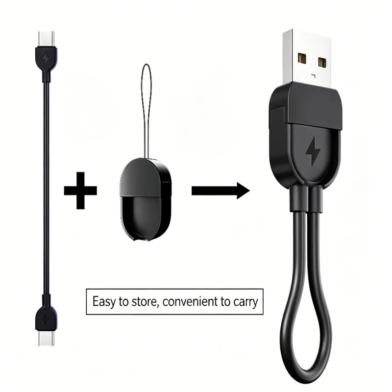 60W Portable Lanyard Short Cable USB A to Type C 17cm Storage Anti-lost Strap Data Charging ，Micro USB 0.3m Cable