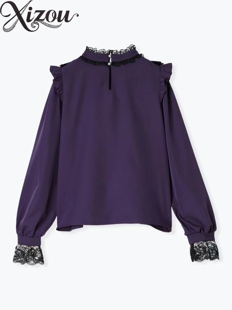 봄 여름 솔리드 블랙 셔츠 일본식 숙녀 블라우스 달콤하고 귀여운 고딕 어깨 스트랩 레이스 긴 소매 탑 여성