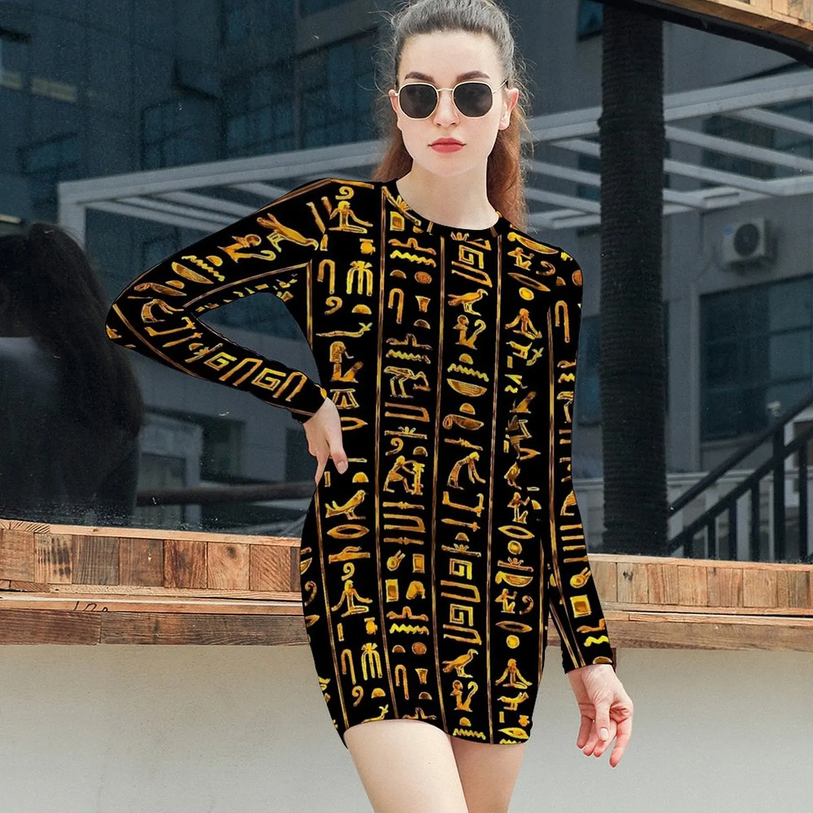 Alte ägyptische Kunst Hieroglyphen Kleid Langarm ästhetische Kleider Herbst Sexy figurbetontes Kleid Frau Grafik Oversize Vestidos