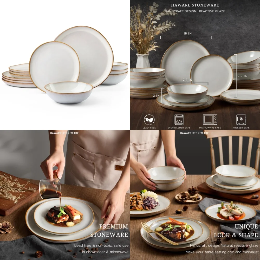 

Набор керамической посуды Набор столовой посуды из 12 предметов для 4 каменных тарелок Миски Керамическая посуда Современная посуда