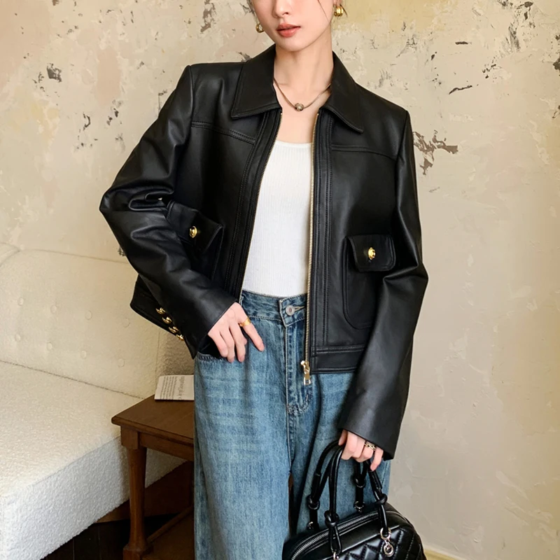 عالية الجودة معاطف السترة الجلدية الحقيقية 2026 جديد إمرأة أسود عادية سستة سترة جلد الغنم موضة قصيرة سترة جلدية فام #1