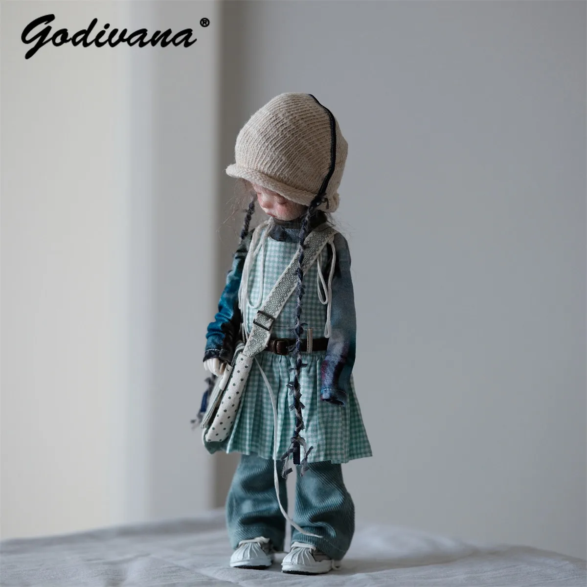 Vintage Workwear Forest Style 1/6 BJD Doll Outfit Washed Tie‑dye Long‑sleeve Top Plaid Overall Dress Jeans Three Pieces Full Set
