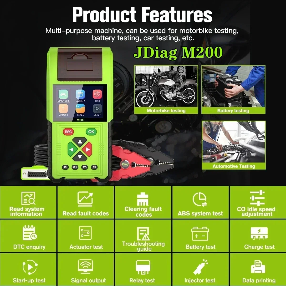 

Newest JDiag M200 Motorcycle Diagnostic OBD2 Scanner Moto Fault Code Reader Battery Tester Motoscan For Many Models