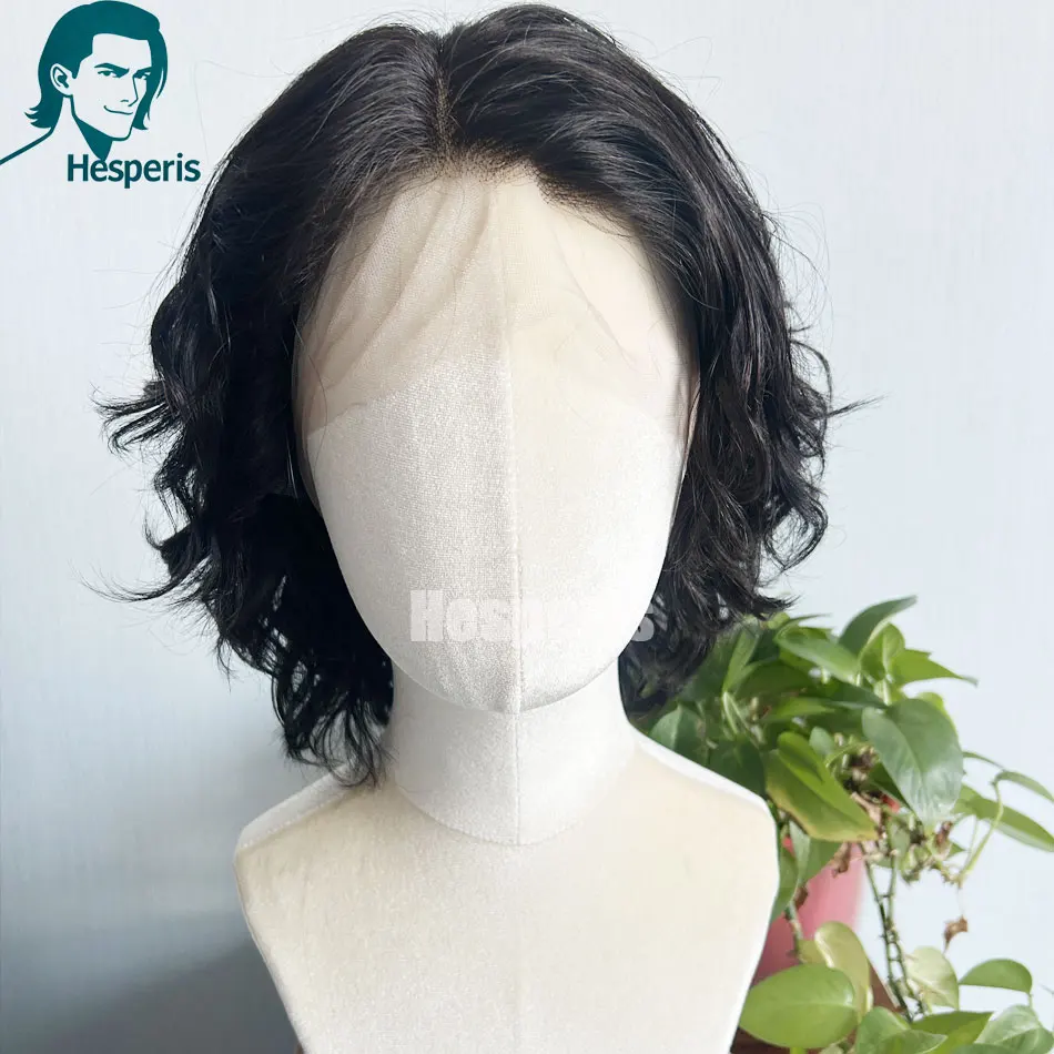 Hesperis لينة موجة الشعر البشري تأثيري الرجال الباروكات ارتداء اليومي موجة 13x6 الدانتيل الجبهة الباروكات للذكور أسود اللون رجل الباروكات الجزء الأوسط