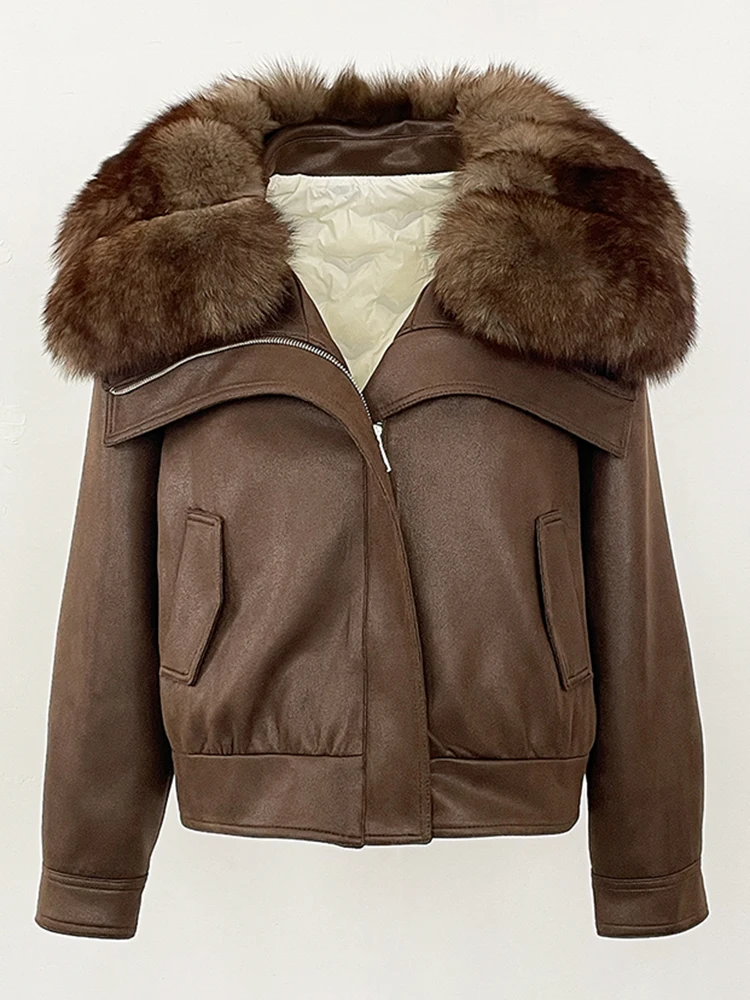 2025 Women Fashion Short Down Coat Big Real Fox Fur Collar Lady Warm Suede Fur Puffer Jacket New Winter Clothing Female