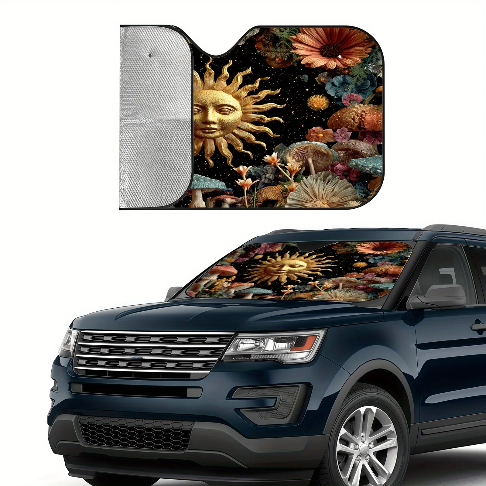 Starry Sky Flower Sun Car Sunshade, Fantasy Collage Design, Heat Insulation And Sun Protection, Regulates Interior Temperature,
