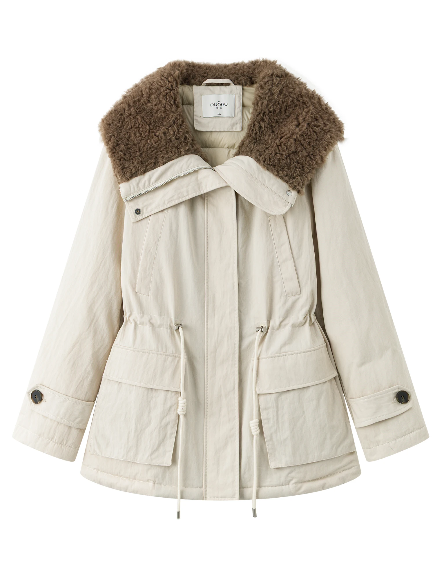 DUSHU Plus Size 2025 Winter vrouwen Korte Puffer Jas Faux Shearling Kraag Parka Donsjack Warme Thermische Bomber bovenkleding