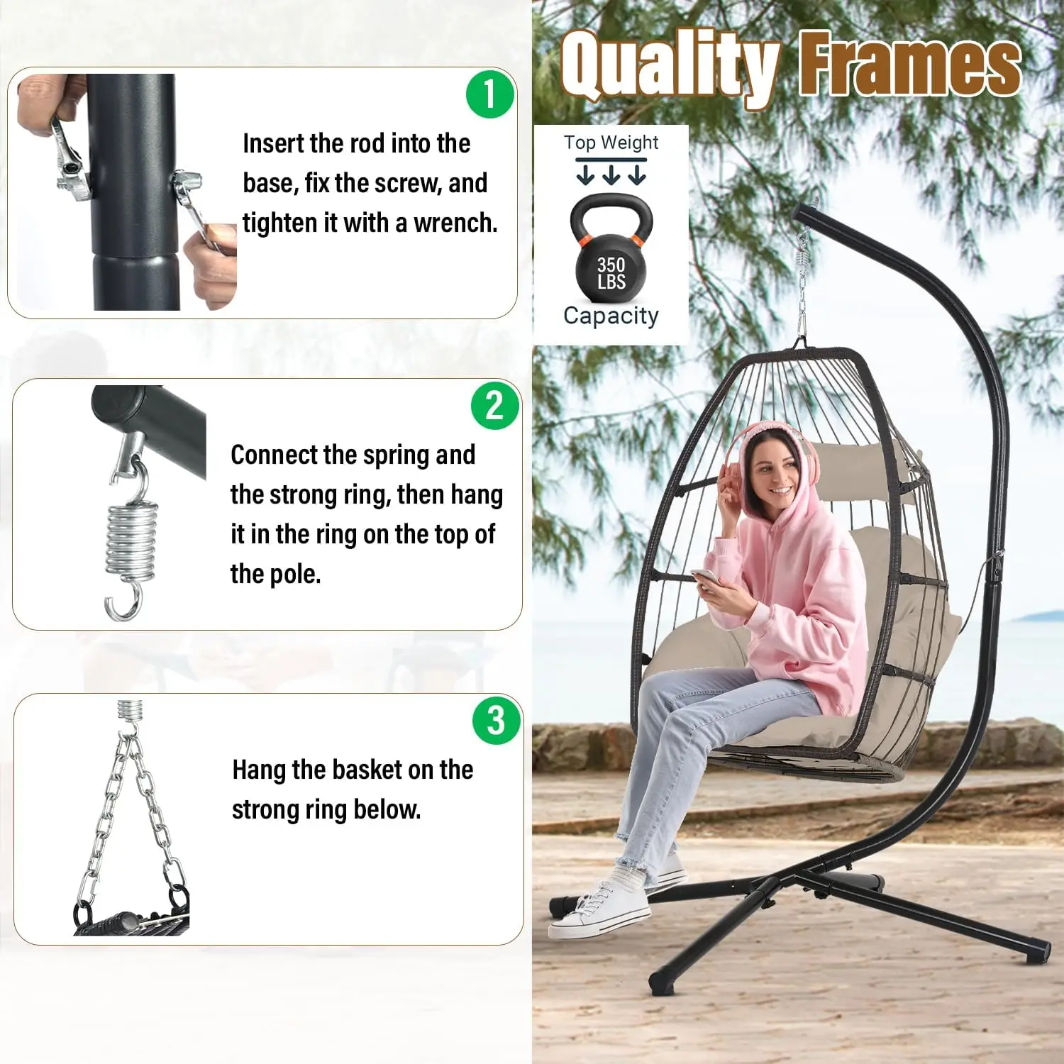 كرسي البيض للاستخدام الداخلي والخارجي مع حامل، كرسي سلة فناء الروطان، وسادة بوليستر ناعمة، مسند رأس قابل للتعديل، أسمر ضارب للصفرة